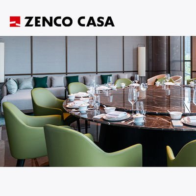 The Hotel Restaurant Furniture Includes A Swivel Marble Round Table And Green Leather Dining Chairs