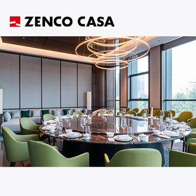 The Hotel Restaurant Furniture Includes A Swivel Marble Round Table And Green Leather Dining Chairs