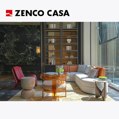 Hotel Lobby Furnitures Including L-Shaped Sofa And Red Glass Steel Shaped Single Chair